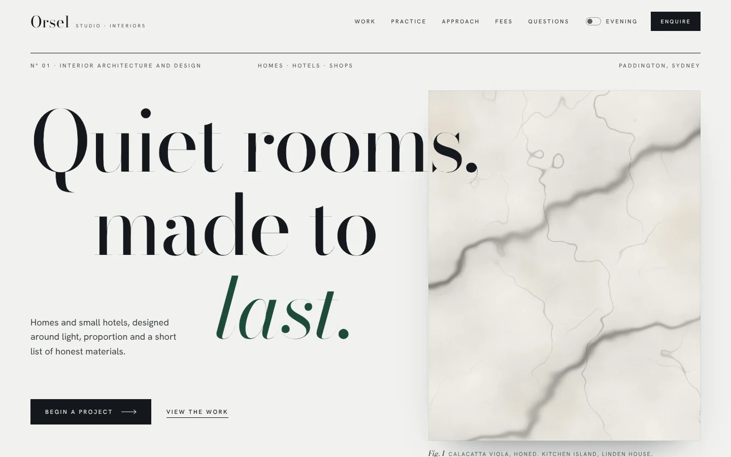 Atelier template home page: a very large Bodoni headline stepping down the page and over a tall panel of honed marble