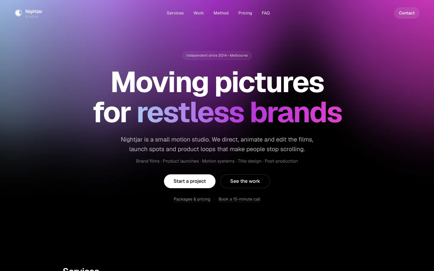 Aurora template home page: a bold white headline with a gradient phrase over a violet aurora on black