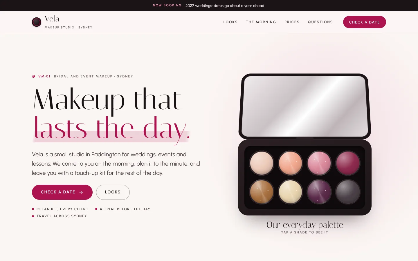 Blush template home page: a thin, tall fashion headline ending in lipstick pink with a soft swipe behind it, beside an open black makeup compact with a mirror lid and eight round shimmering pans