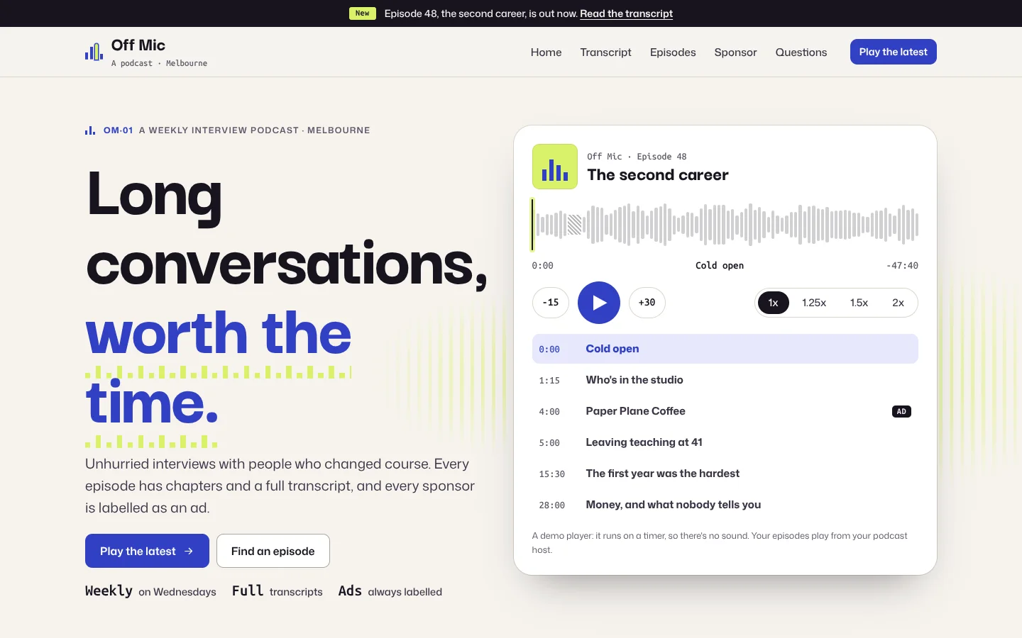 Cadence template home page: a tall grotesque headline 'Long conversations, worth the time.' with the last words in cobalt over lime level-meter bars, beside a podcast player with lime cover art, a grey waveform, play and skip buttons, speeds and a chapter list with one chapter marked Ad