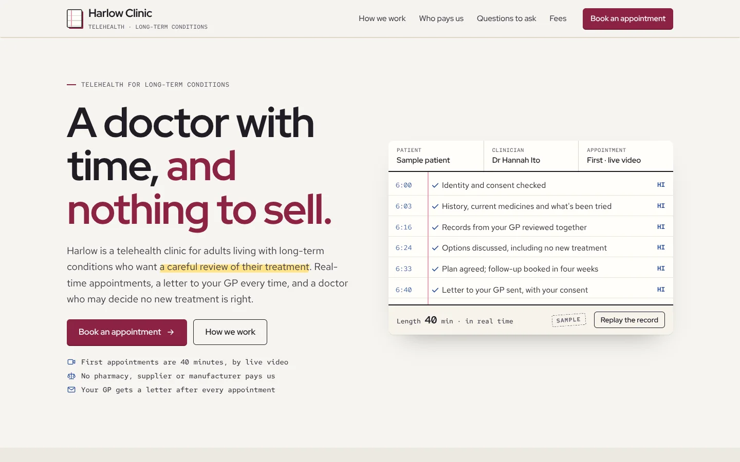Candour template home page: a plain bold headline ending in claret, and a consult record on ruled paper with times in blue pen, ticks and the doctor's initials