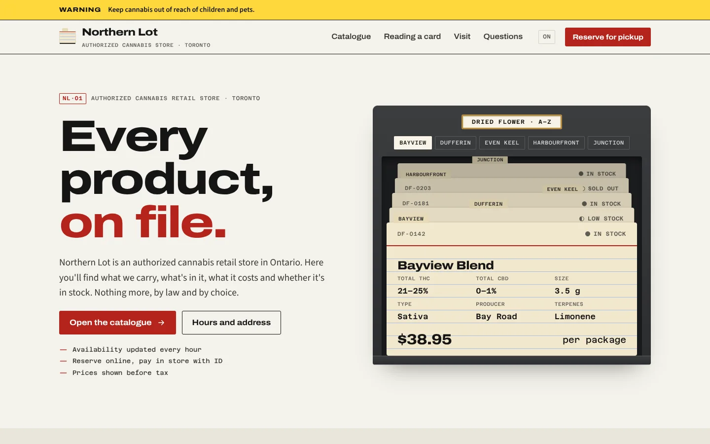 Catalogue template home page: a wide black headline ending in red, and a steel catalogue drawer of ruled manila index cards, the front card showing a product's THC, CBD, size and price