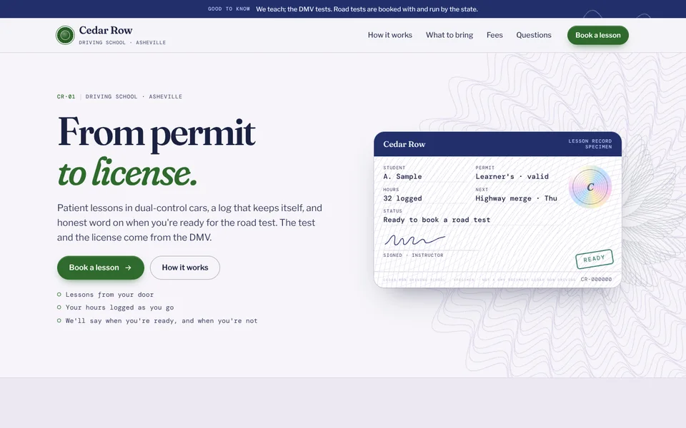 Cedar Row Driving School example site