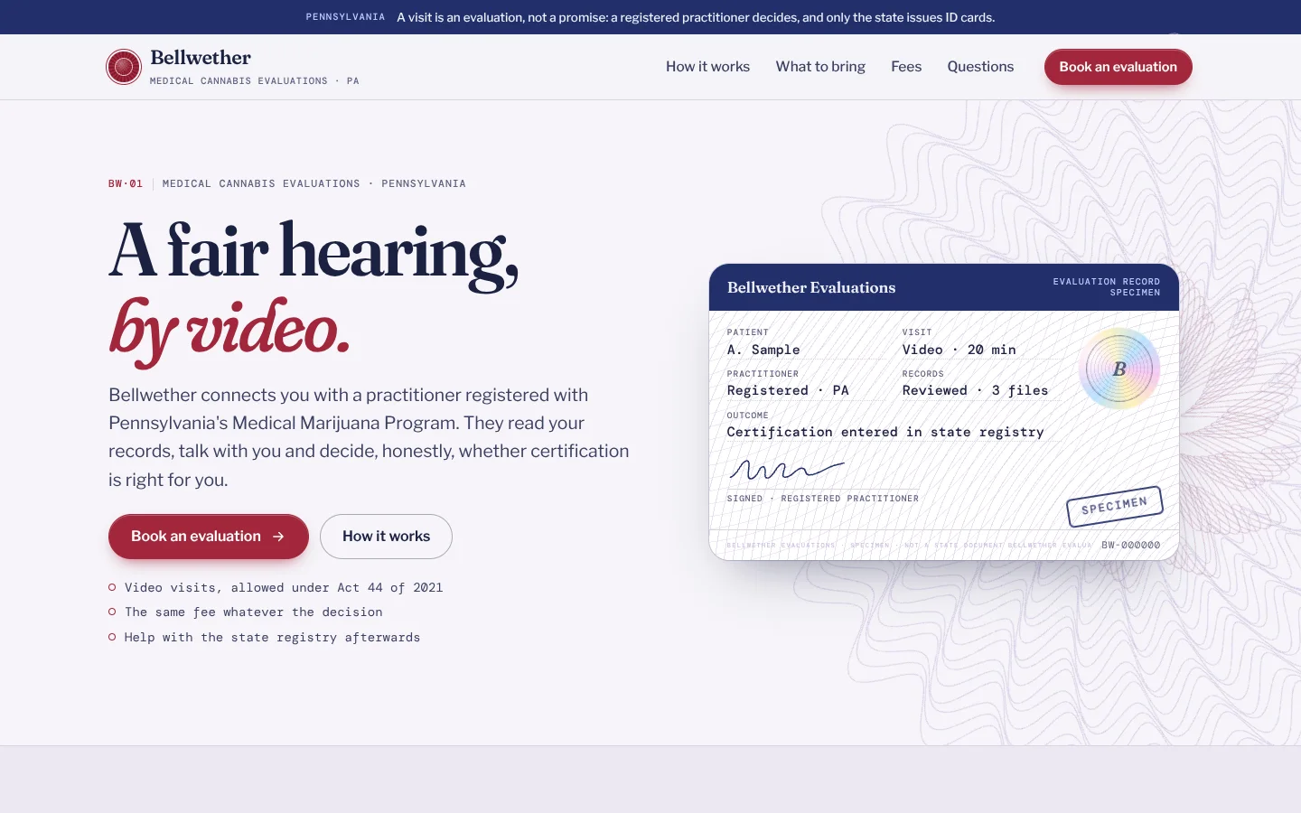 Charter template home page: a navy serif headline ending in a soft red italic, and a specimen evaluation record on security paper with a holographic seal, a signature and a SPECIMEN stamp, over a guilloche rosette