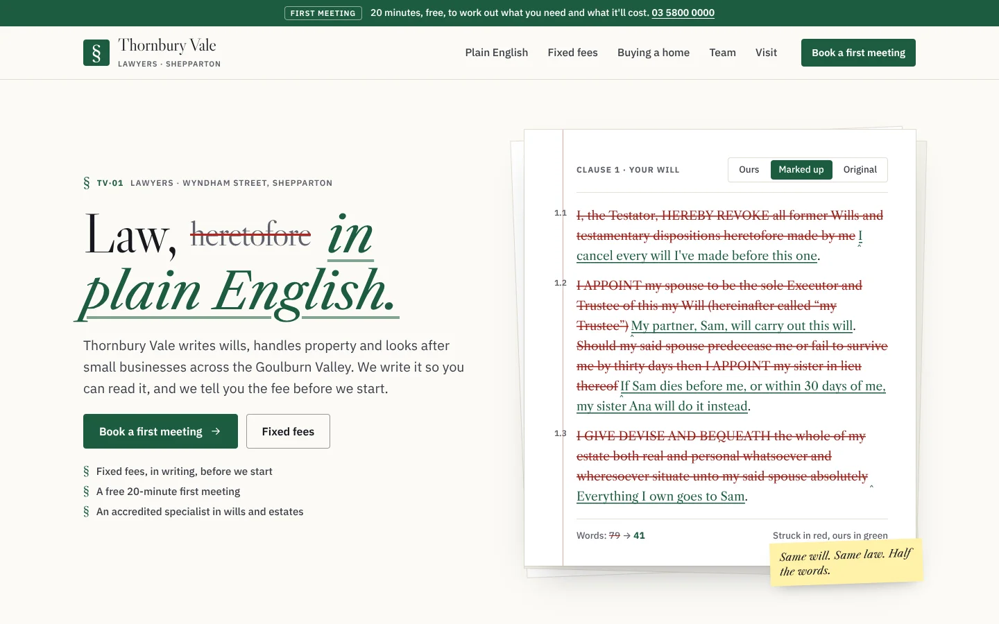 Clause template home page: a Caslon headline 'Law, in plain English' with the word 'heretofore' struck through in red, beside a sheet of paper showing a will clause marked up: legalese struck through in red and plain English inserted and underlined in green, with a yellow note in the margin