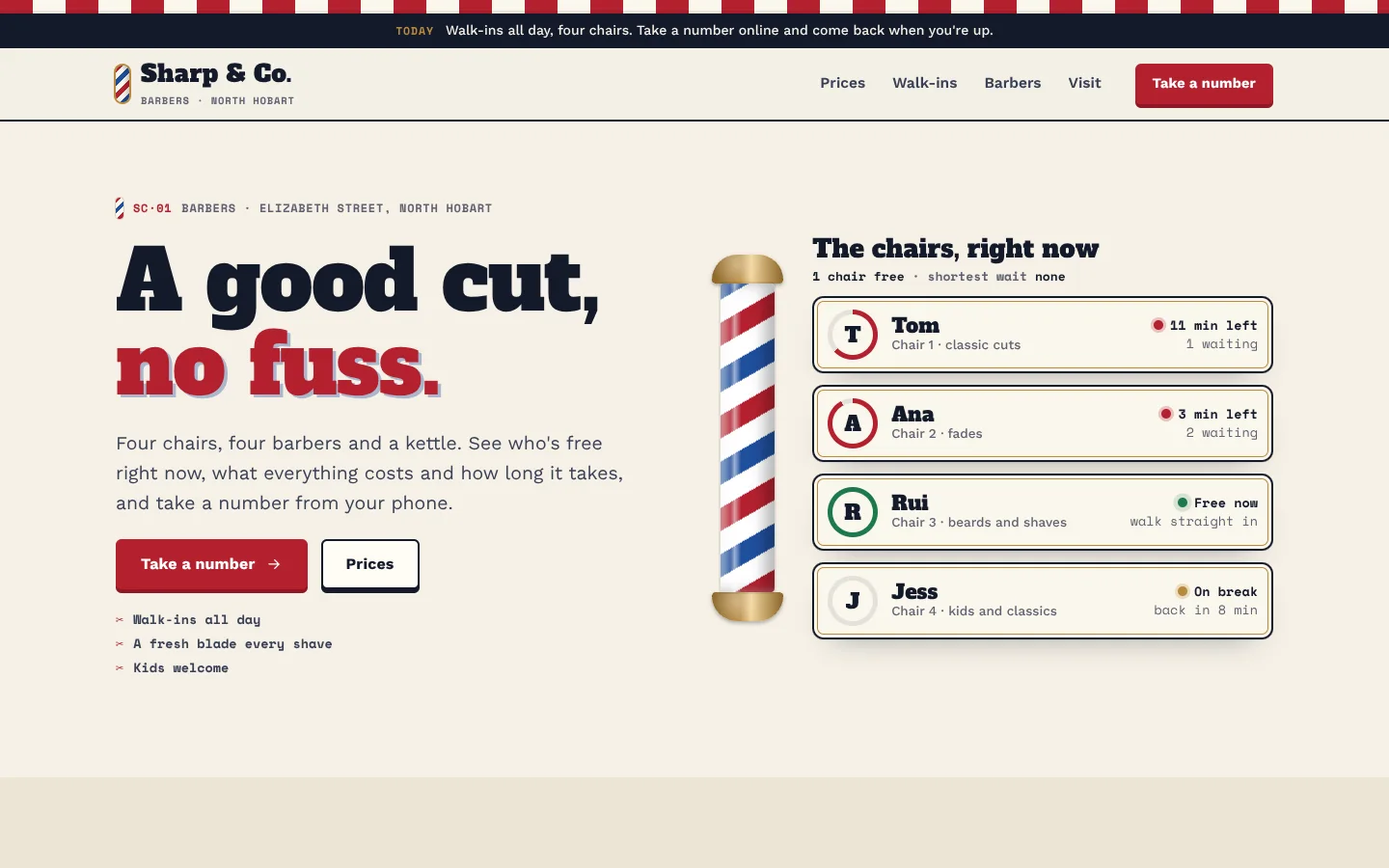 Clipper template home page: a fat slab headline in navy and pole red beside a turning red, white and blue barber pole and four enamel chair signs showing who's free, busy with minutes left or on break, on cream