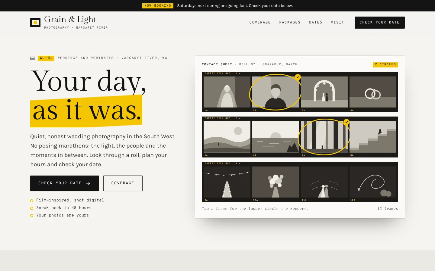 Contact template home page: a serif headline with its last words swiped in yellow marker beside a contact sheet of three film strips with twelve grey frames (a veil, a portrait, an arch, rings, dunes, the sea, a forest, stairs, a long table, a bouquet, a first dance, sparklers), two of them circled in yellow