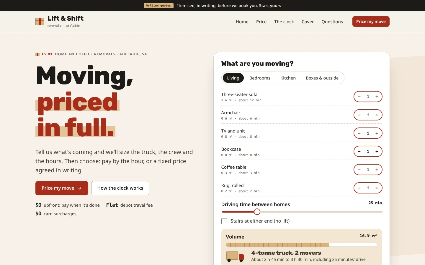 Crate template home page: a heavy rounded headline 'Moving, priced in full.' with the last words in brick red over a strip of kraft packing tape, beside an inventory card with rooms of furniture and plus and minus buttons, a volume bar at 16.9 cubic metres and a drawn truck reading '4-tonne truck, 2 movers'