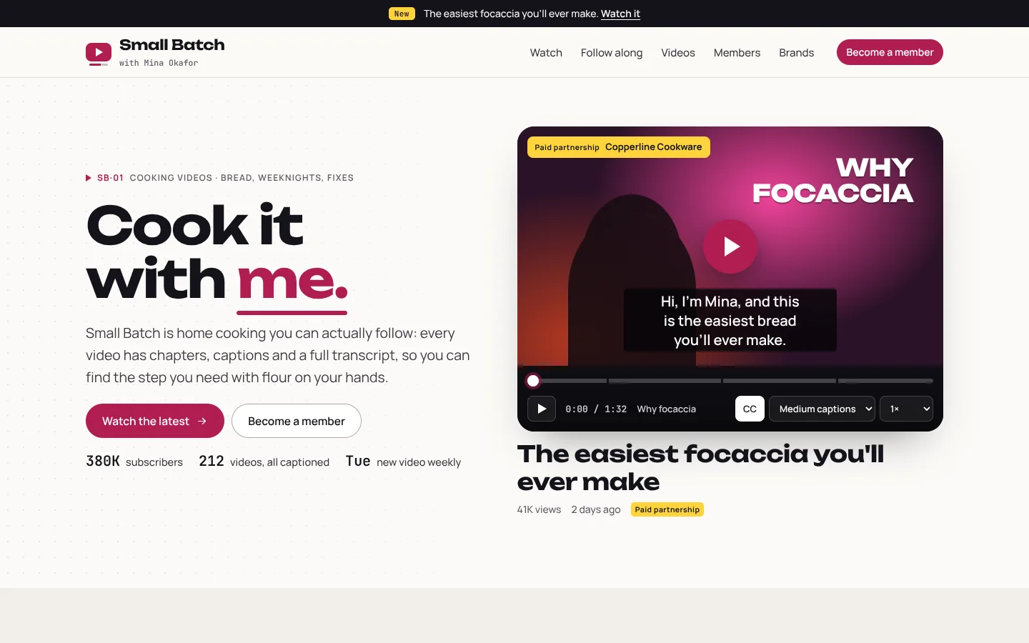 Cue template home page: a heavy rounded headline 'Cook it with me.' with the last word in hot pink over a playhead, beside a video player showing a drawn kitchen scene titled 'Why focaccia', a yellow 'Paid partnership: Copperline Cookware' note, a white-on-black caption, and controls with chapter gaps on the scrubber, CC, caption size and speed