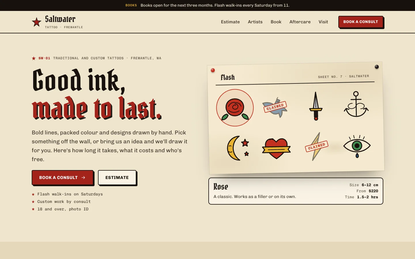 Flash template home page: a blackletter headline in ink and flash red beside a tilted, pinned sheet of eight traditional tattoo designs (a rose, a swallow and a bolt stamped claimed, a dagger, an anchor, a moon, a heart with a banner, an eye), on aged paper