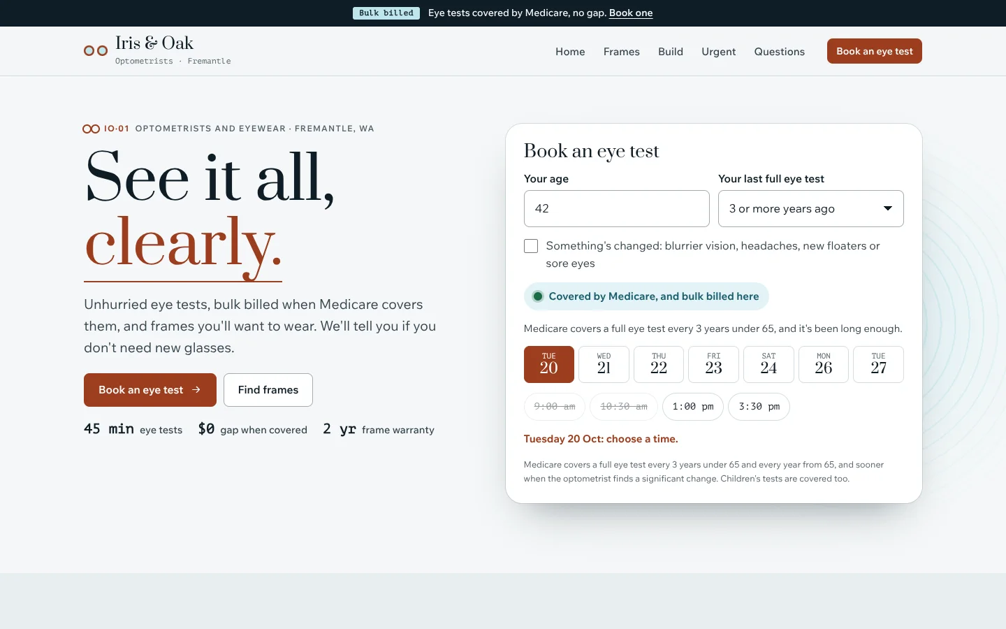 Focal template home page: a serif headline 'See it all, clearly.' with the last word in rust over a fine line, beside an eye test booker with age and last test fields, a 'Covered by Medicare, and bulk billed here' badge, a row of days and appointment times