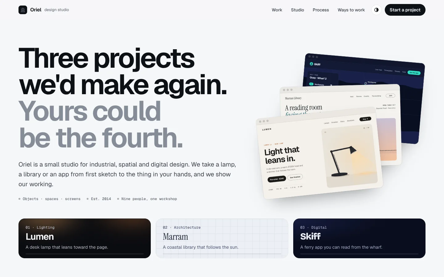 Folio template home page: a huge two-tone headline beside a fan of three framed projects, above an index of three plates
