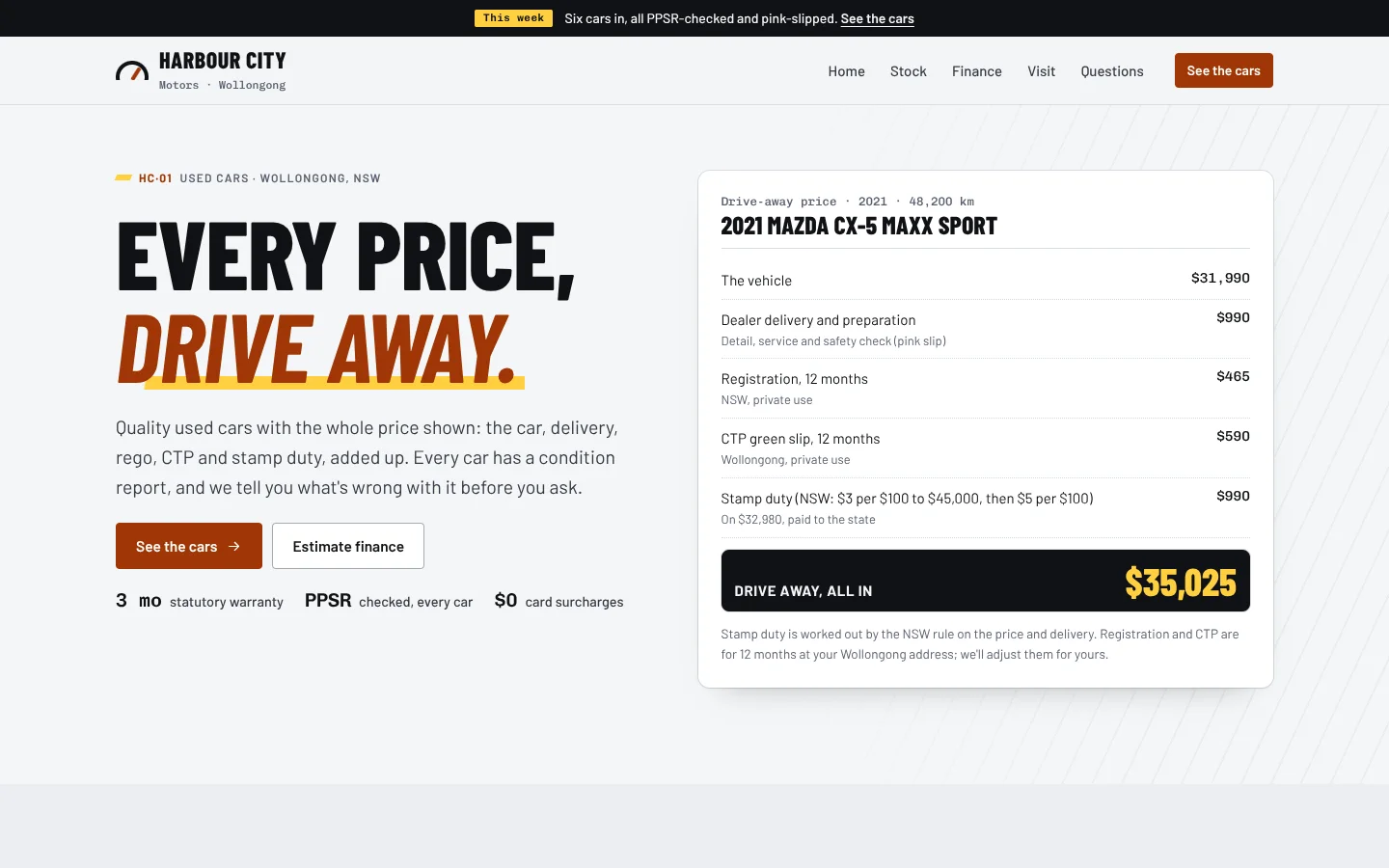 Forecourt template home page: a condensed uppercase headline 'Every price, drive away.' with the last words in orange italic over a yellow speed stripe, beside a drive-away price card for a 2021 Mazda CX-5 listing the vehicle, dealer delivery, registration, CTP and NSW stamp duty, and a black total panel reading $35,025 in yellow