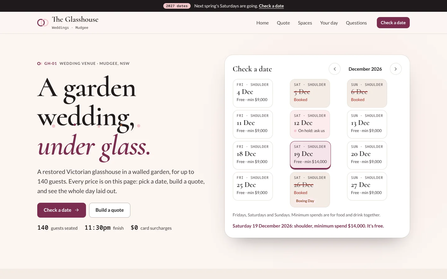 Garland template home page: an elegant serif headline 'A garden wedding, under glass.' with the last words in mulberry italic and confetti over them, beside a date checker of Fridays, Saturdays and Sundays with seasons, minimum spends, booked dates struck through and the chosen Saturday highlighted