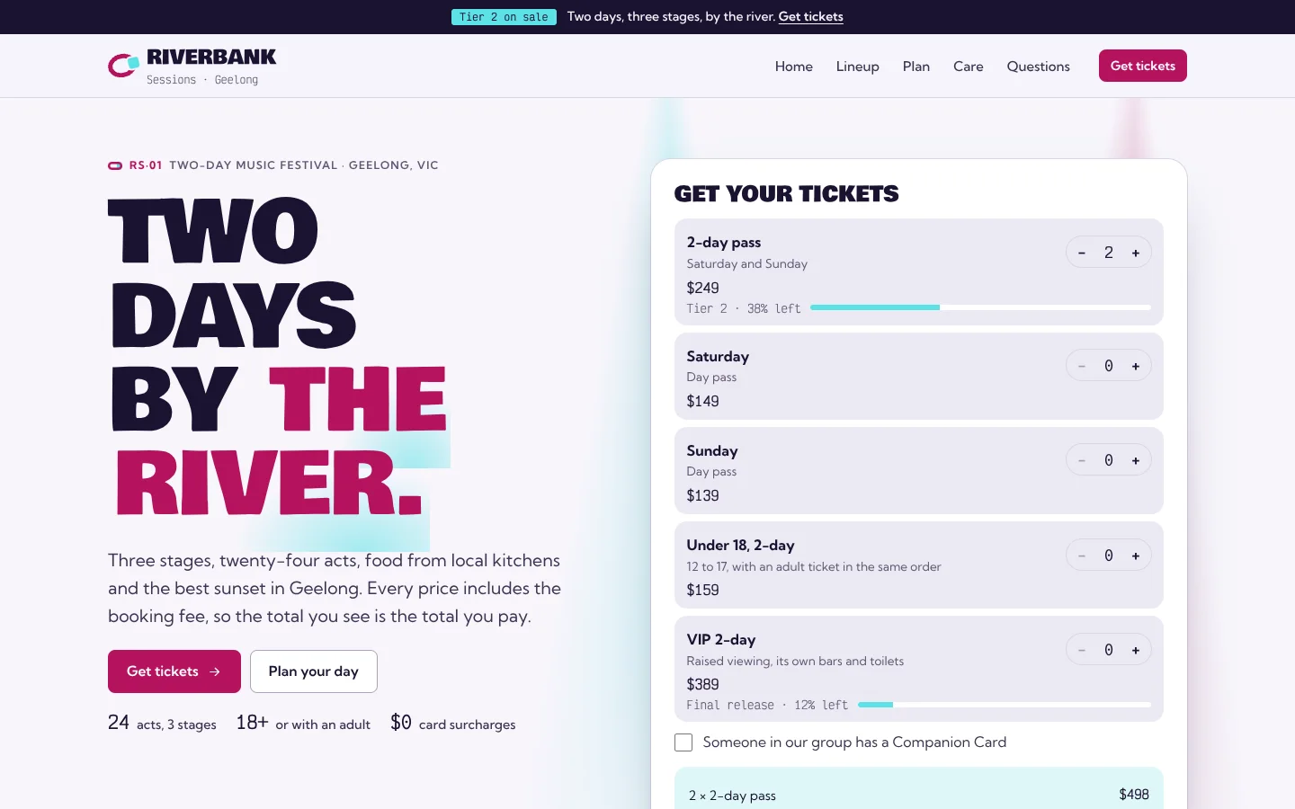 Headliner template home page: a heavy uppercase headline 'Two days by the river.' with the last words in hot fuchsia lit by a cyan stage light, beside a ticket card with a 2-day pass, day passes, an under-18 ticket and VIP with release bars, a Companion Card box and a cyan panel reading $498, all fees in