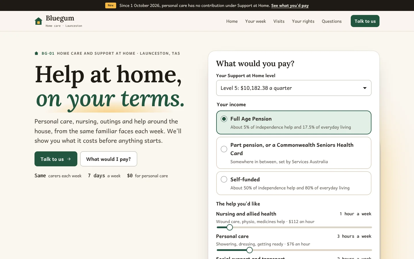 Hearth template home page: a serif headline 'Help at home, on your terms.' with the last words in green italics over a warm marigold glow, beside an estimator with the Support at Home level, income options, hour sliders for nursing, personal care, outings and cleaning, a marigold budget bar and 'You'd pay each quarter $412'