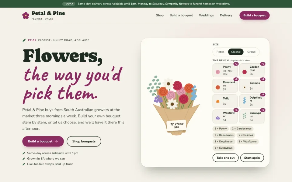 Petal & Pine template, home page