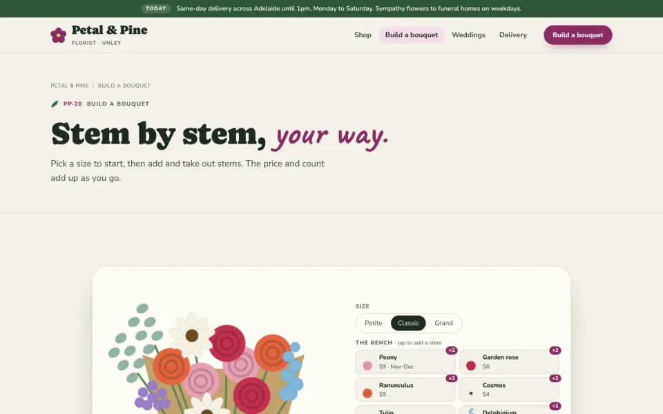 An inside page of the Petal & Pine template