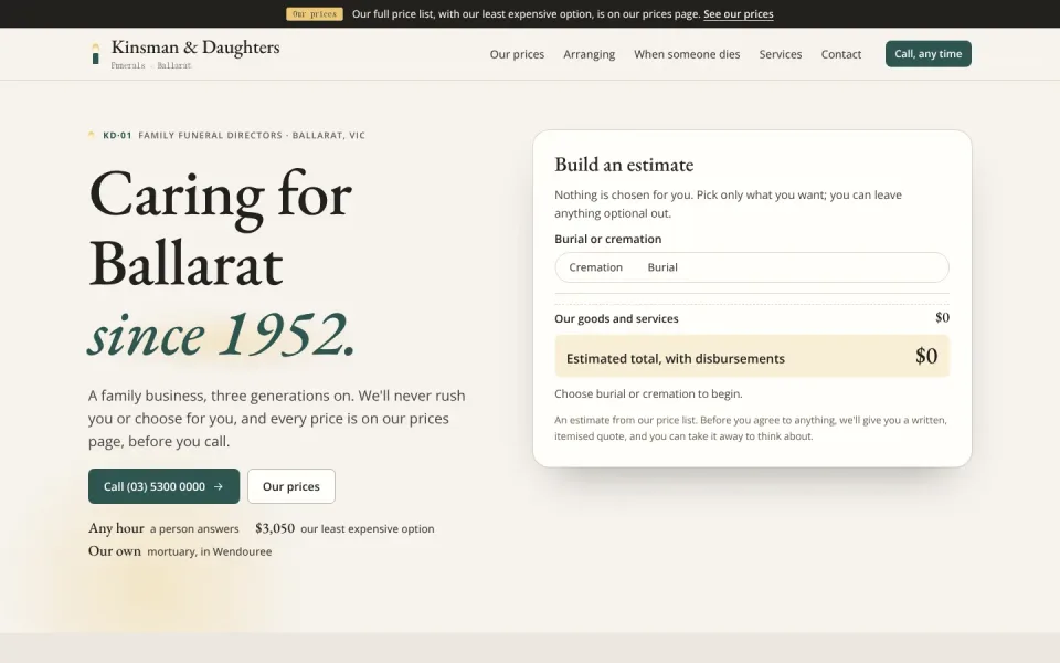 Kinsman & Daughters Funerals template, home page