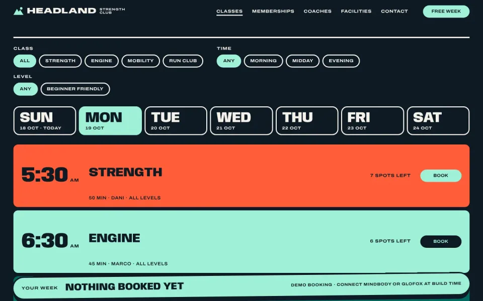 An inside page of the Headland Strength Club template