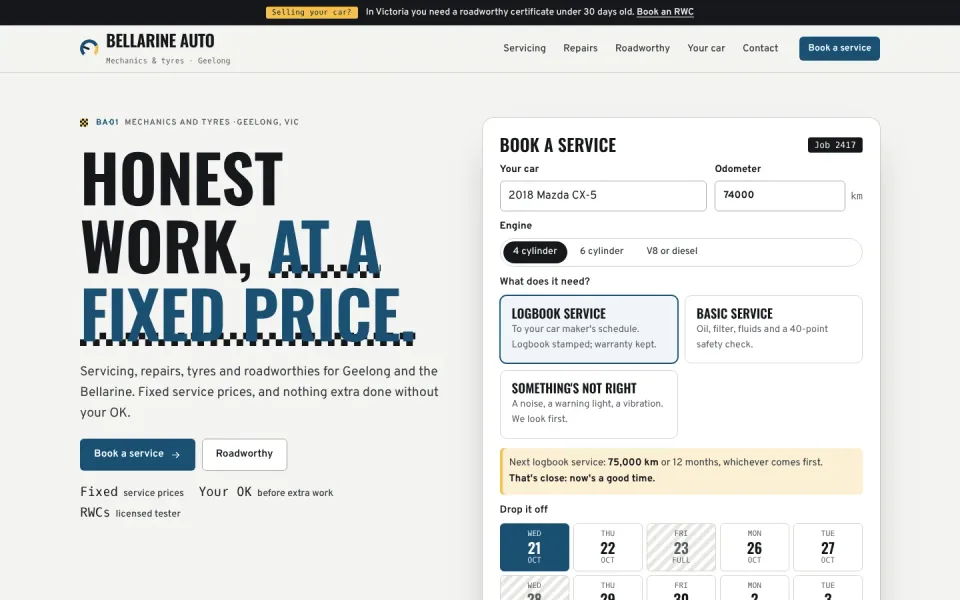 Bellarine Auto & Tyres template, home page