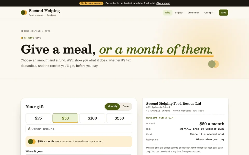 An inside page of the Second Helping template