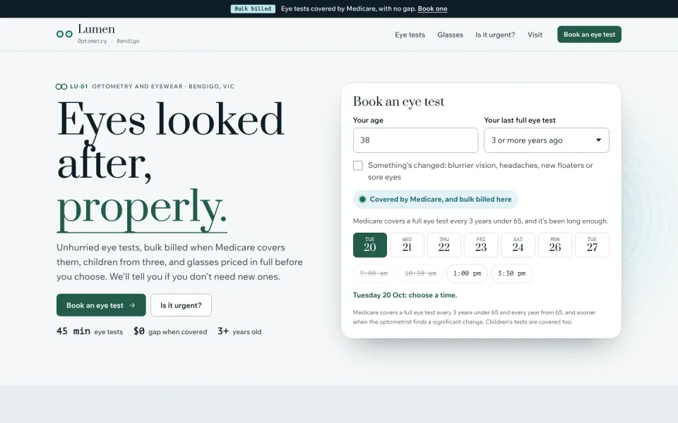 Lumen Optometry template, home page