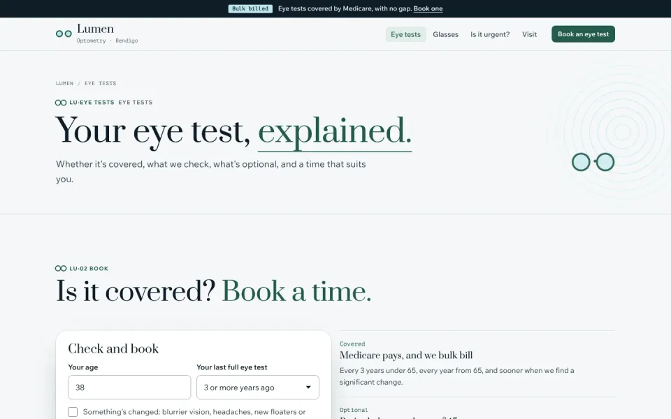 An inside page of the Lumen Optometry template