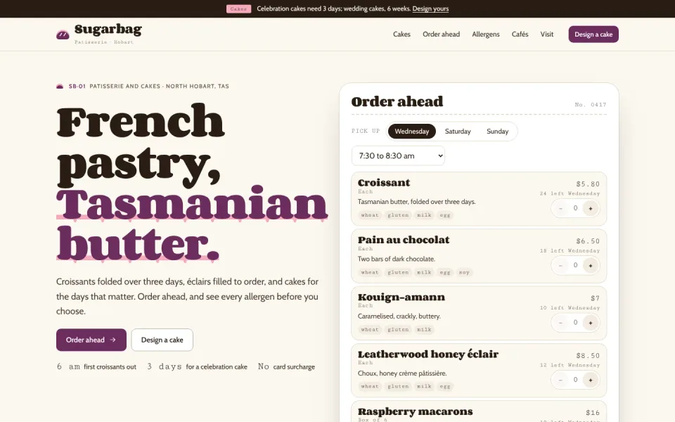 Sugarbag Patisserie template, home page