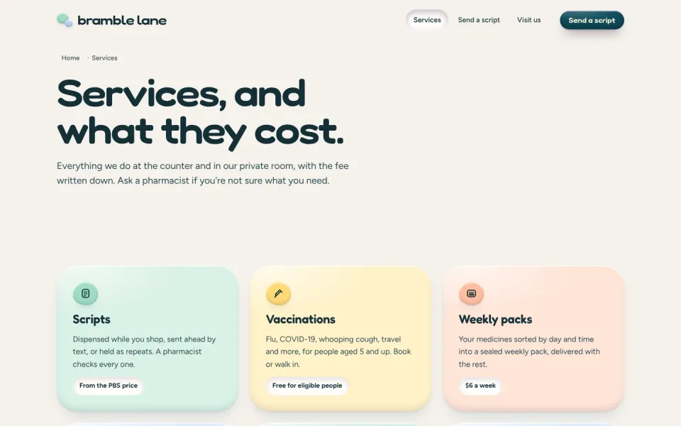 An inside page of the Bramble Lane Pharmacy template
