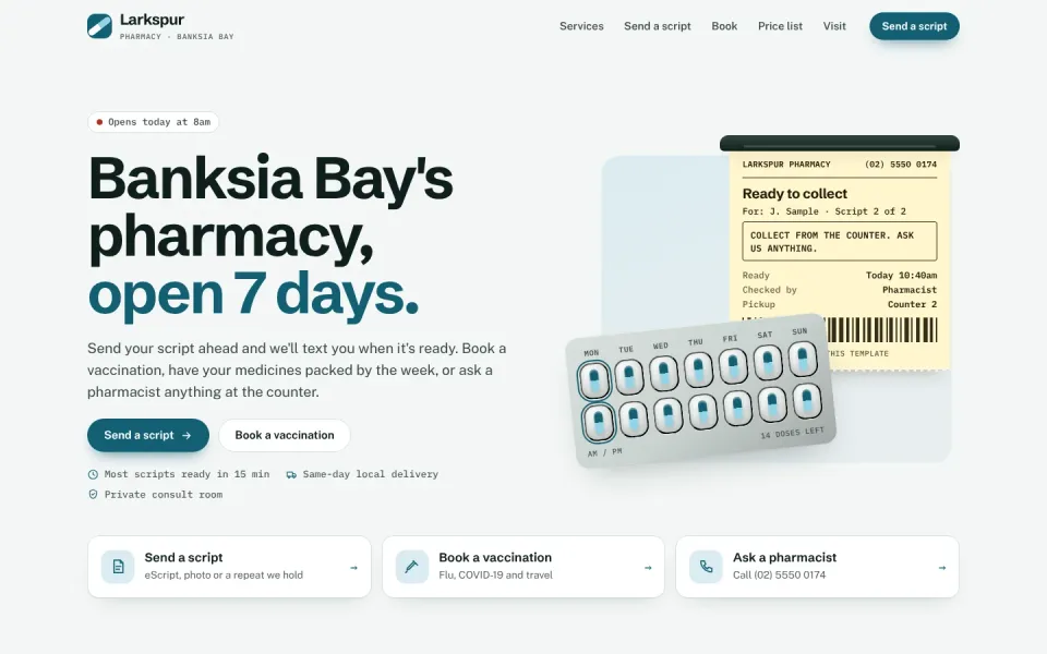 Larkspur Pharmacy template, home page