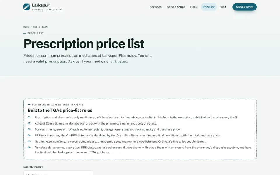 An inside page of the Larkspur Pharmacy template