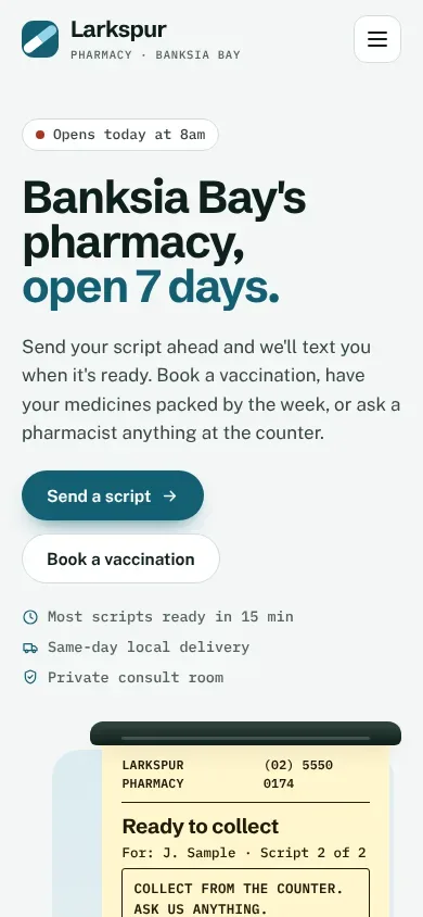 Larkspur Pharmacy template on a phone