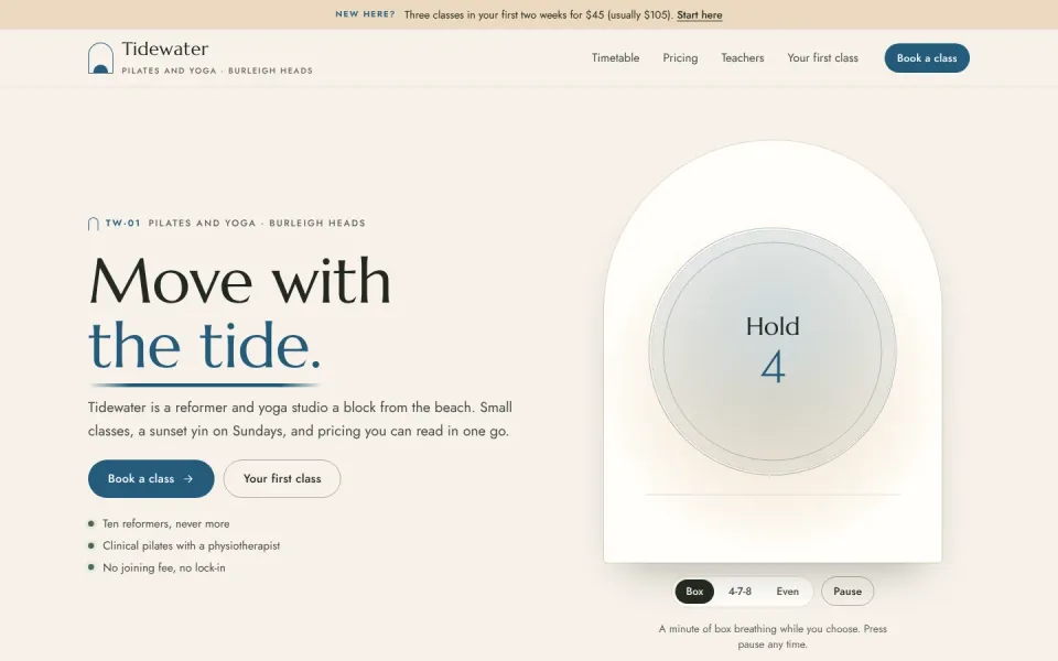 Tidewater Pilates & Yoga template, home page
