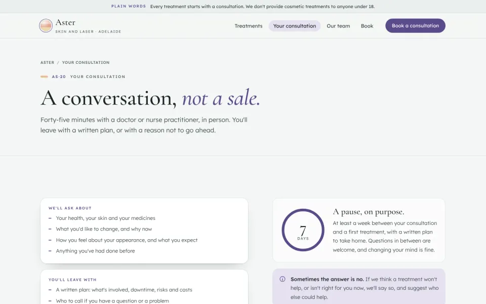 An inside page of the Aster Skin & Laser template