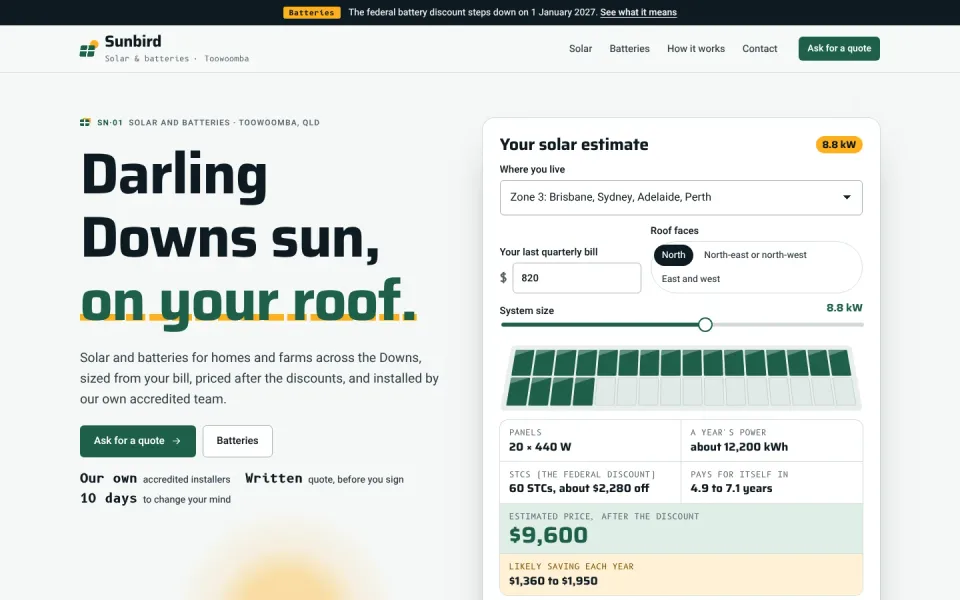 Sunbird Solar & Batteries template, home page