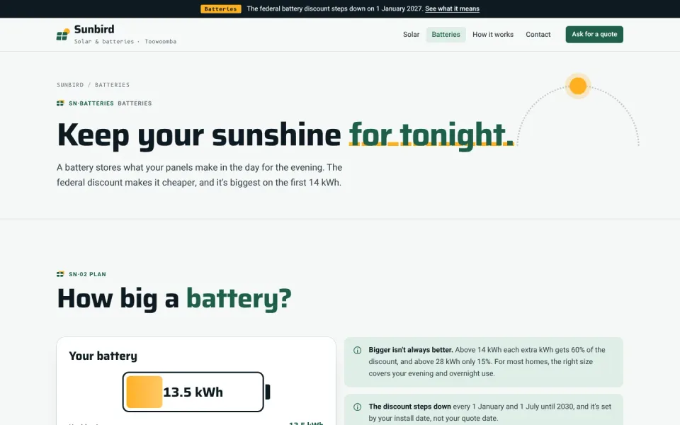 An inside page of the Sunbird Solar & Batteries template