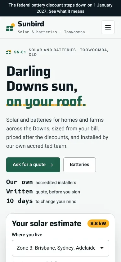 Sunbird Solar & Batteries template on a phone