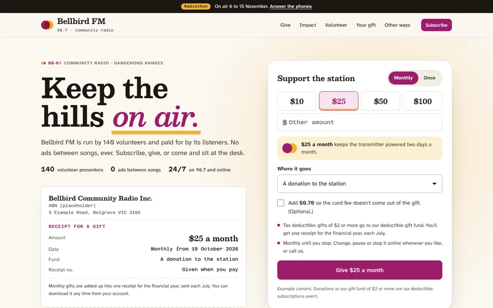 Bellbird FM example site