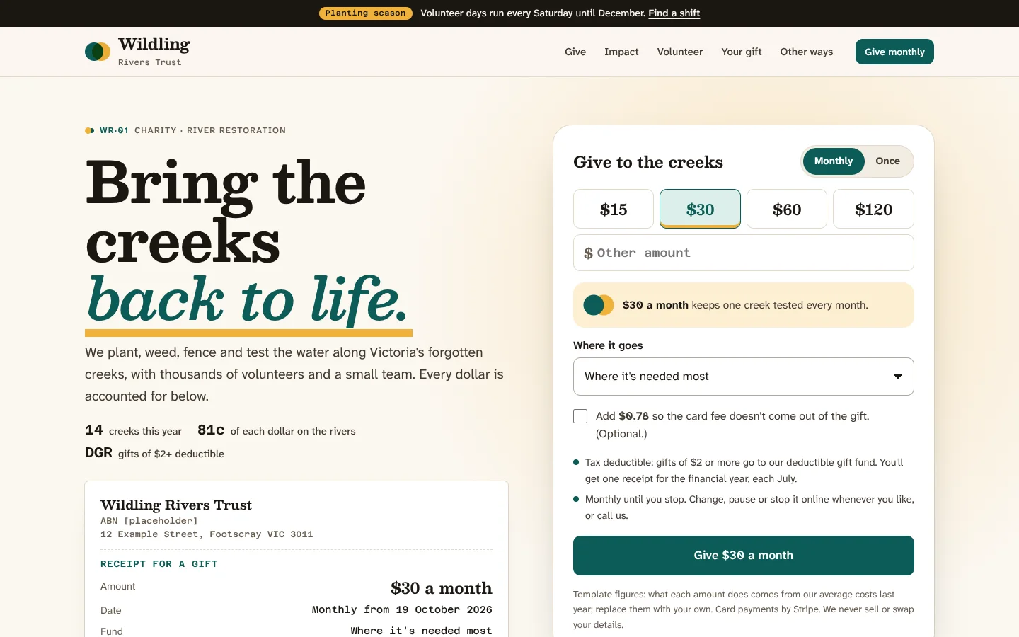 Kindred template home page: a heavy serif headline 'Bring the creeks back to life.' with the last words in teal italic over a marigold brush stroke, a live receipt for a gift with the trust's name and ABN, and beside it a gift picker set to $30 a month with what that gift does, a fund menu, and a note that gifts of $2 or more are tax deductible