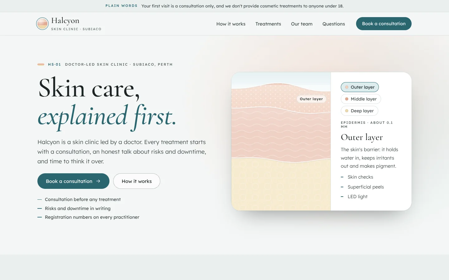 Lucent template home page: a serif headline ending in a mineral-blue italic, beside a white card with a cross-section of three wavy, textured skin layers and a panel describing the outer layer