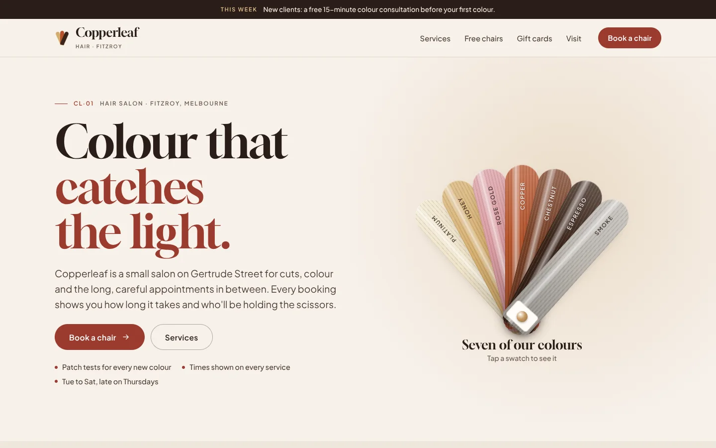 Lustre template home page: a large high-contrast serif headline ending in copper rose, beside a fan of seven hair-colour swatches from platinum to espresso on a rivet, on warm cream