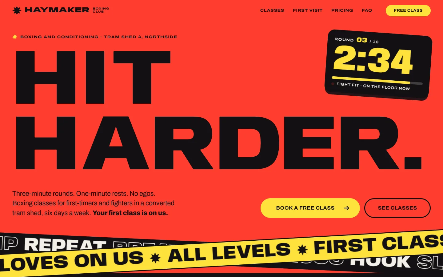 Marquee template home page: a huge black headline, Hit harder, on an electric red block with a tilted round timer and crossed yellow and black tickers