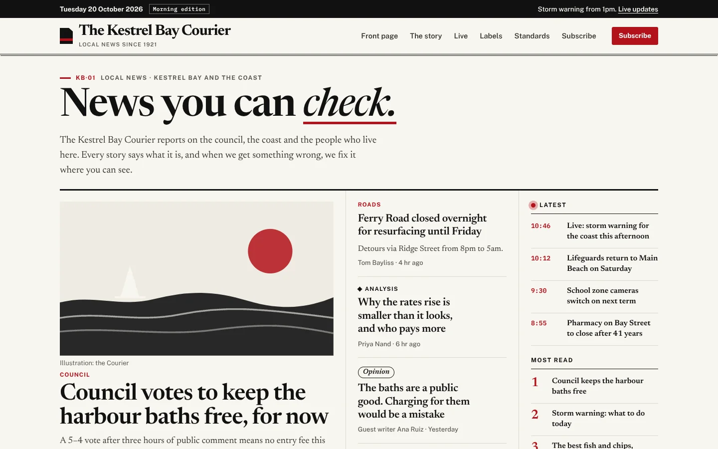 Masthead template home page: a serif headline 'News you can check.' with the last word in italics over a red rule, above a three-column front page: a lead story with an illustration of the harbour, a column of labelled stories (Roads, Analysis, Opinion, and an amber Sponsored item that says who paid), and a Latest list with red times and Most read