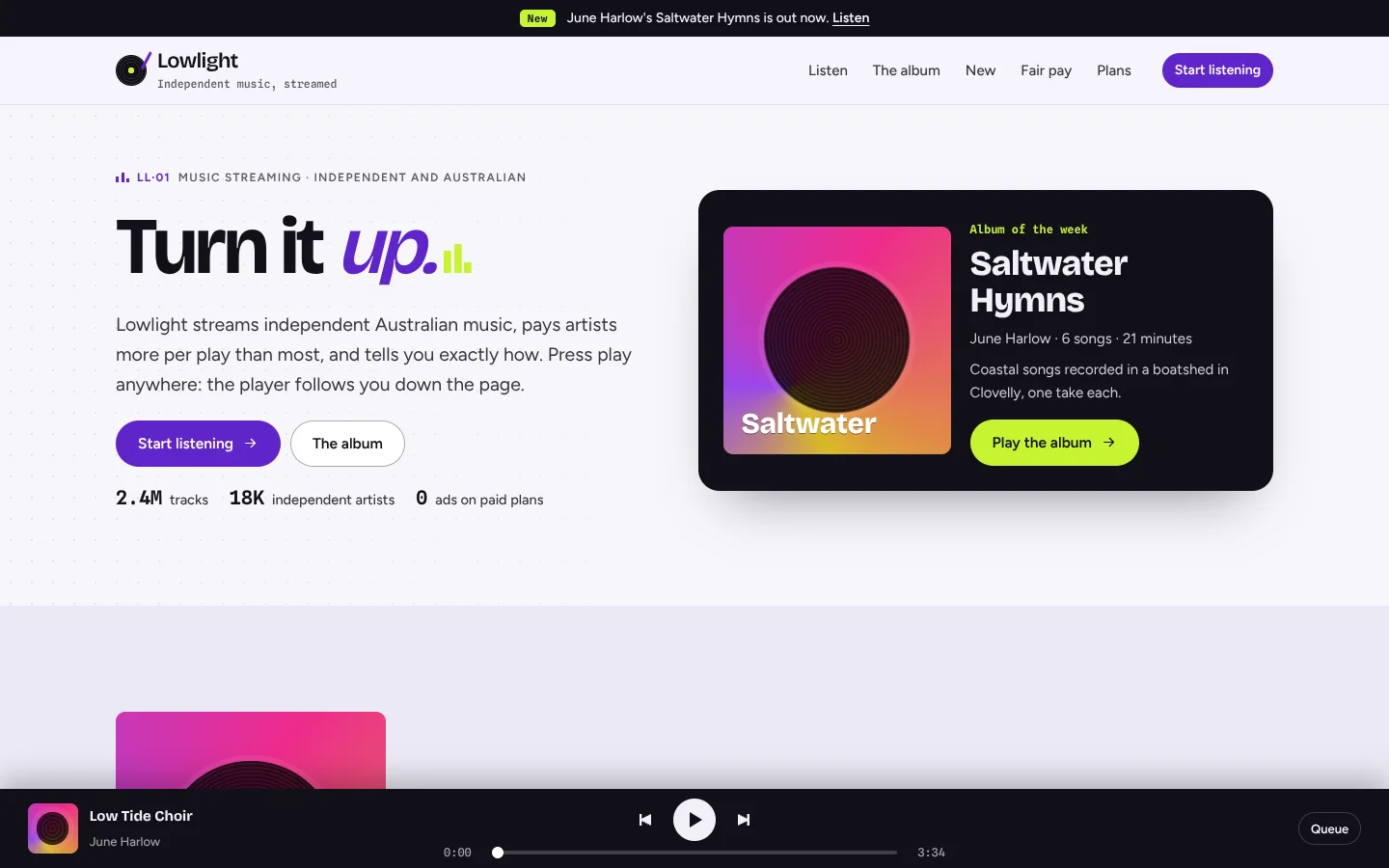 Needle template home page: a heavy grotesk headline 'Turn it up.' with the last word in violet italics and three lime bars bouncing after it, beside a black now-playing card with a drawn cover of a spinning record titled 'Saltwater' and a lime 'Play the album' button