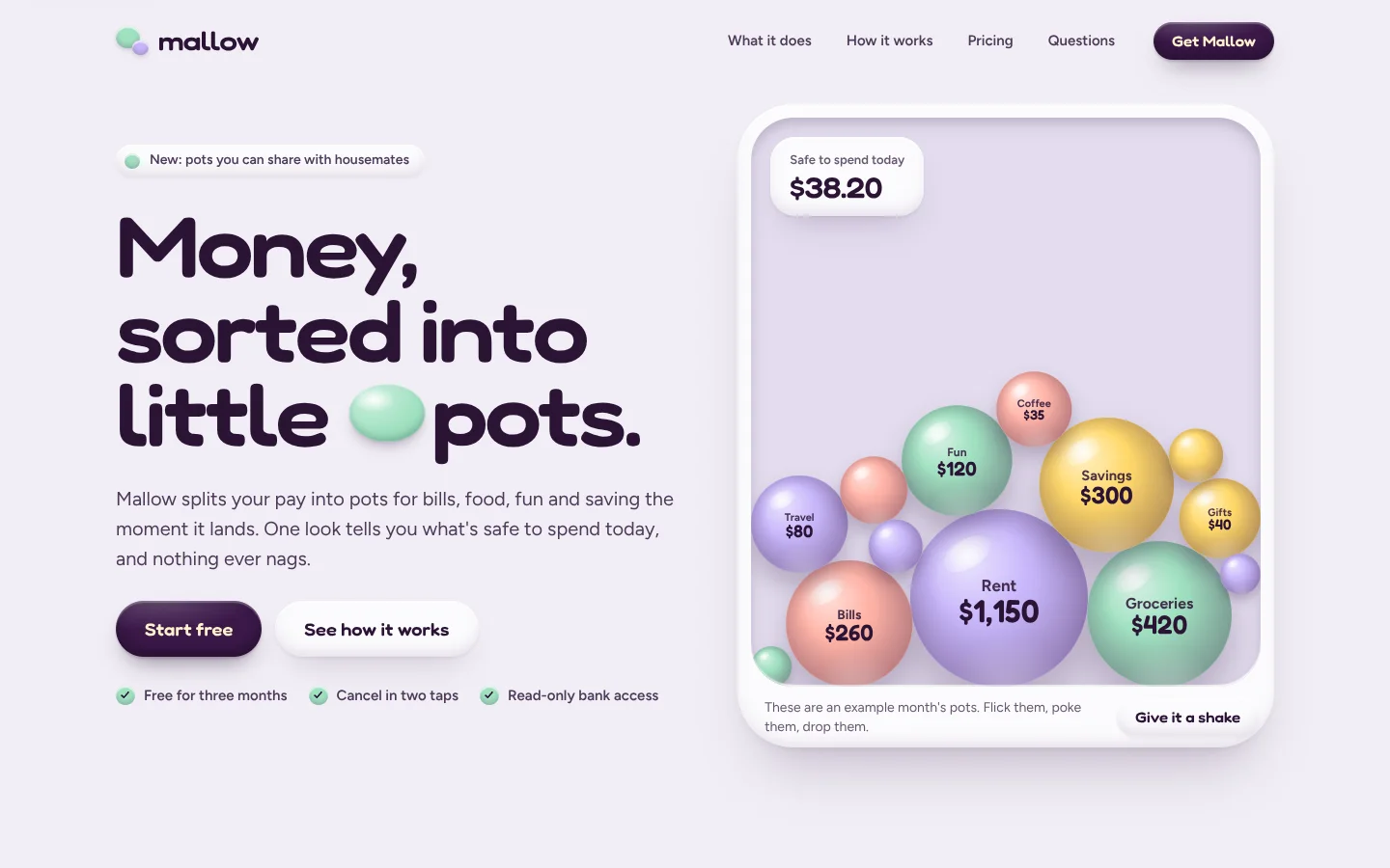 Pebble template home page: a wide rounded headline with a clay pebble set in it, beside a dish of pastel pebbles labelled with budget pots