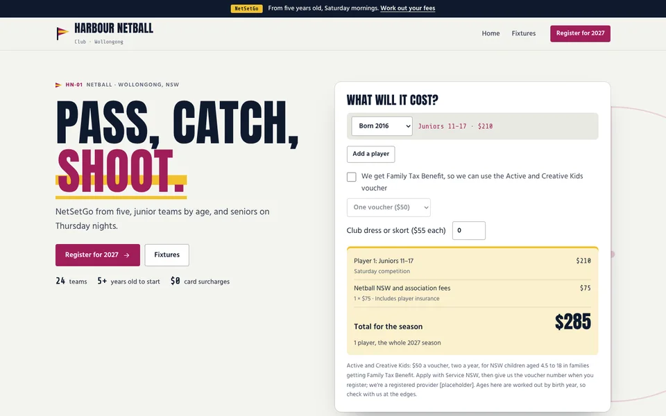 Harbour Netball example site