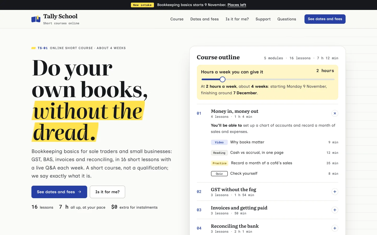 Primer template home page: a bookish serif headline 'Do your own books, without the dread.' with the last words marked in highlighter yellow, beside a course outline card with a slider for hours a week, a finish date, and the first module open showing video, reading, practice and quiz lessons with their minutes