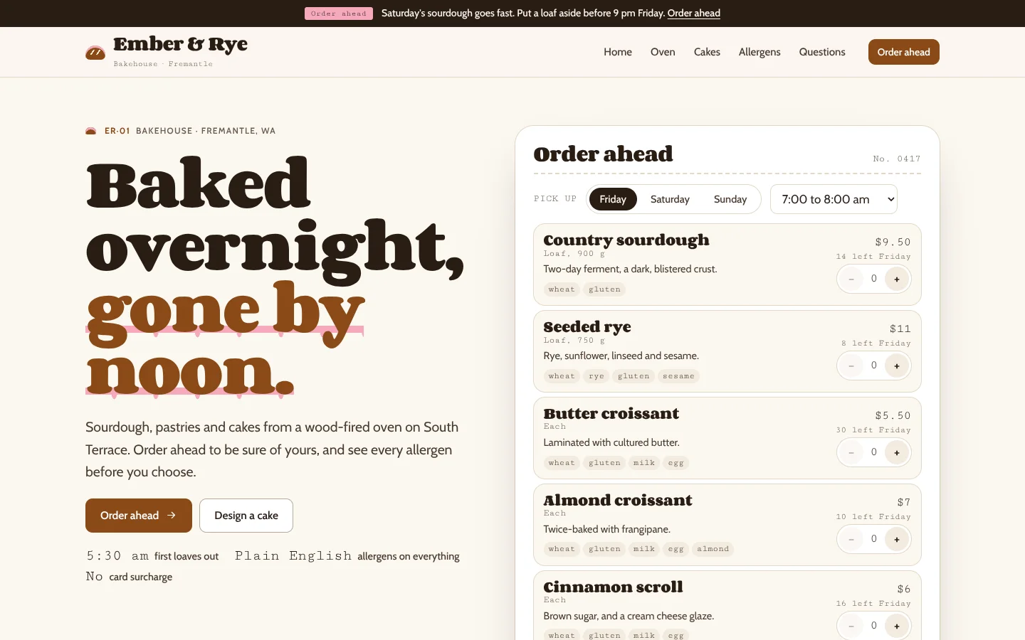 Proof template home page: a rounded bakery-sign headline 'Baked overnight, gone by noon.' with the last words in crust brown over a line of dripping pink icing, beside an order ticket listing loaves and pastries, each with its allergens, how many are left on Friday and a stepper