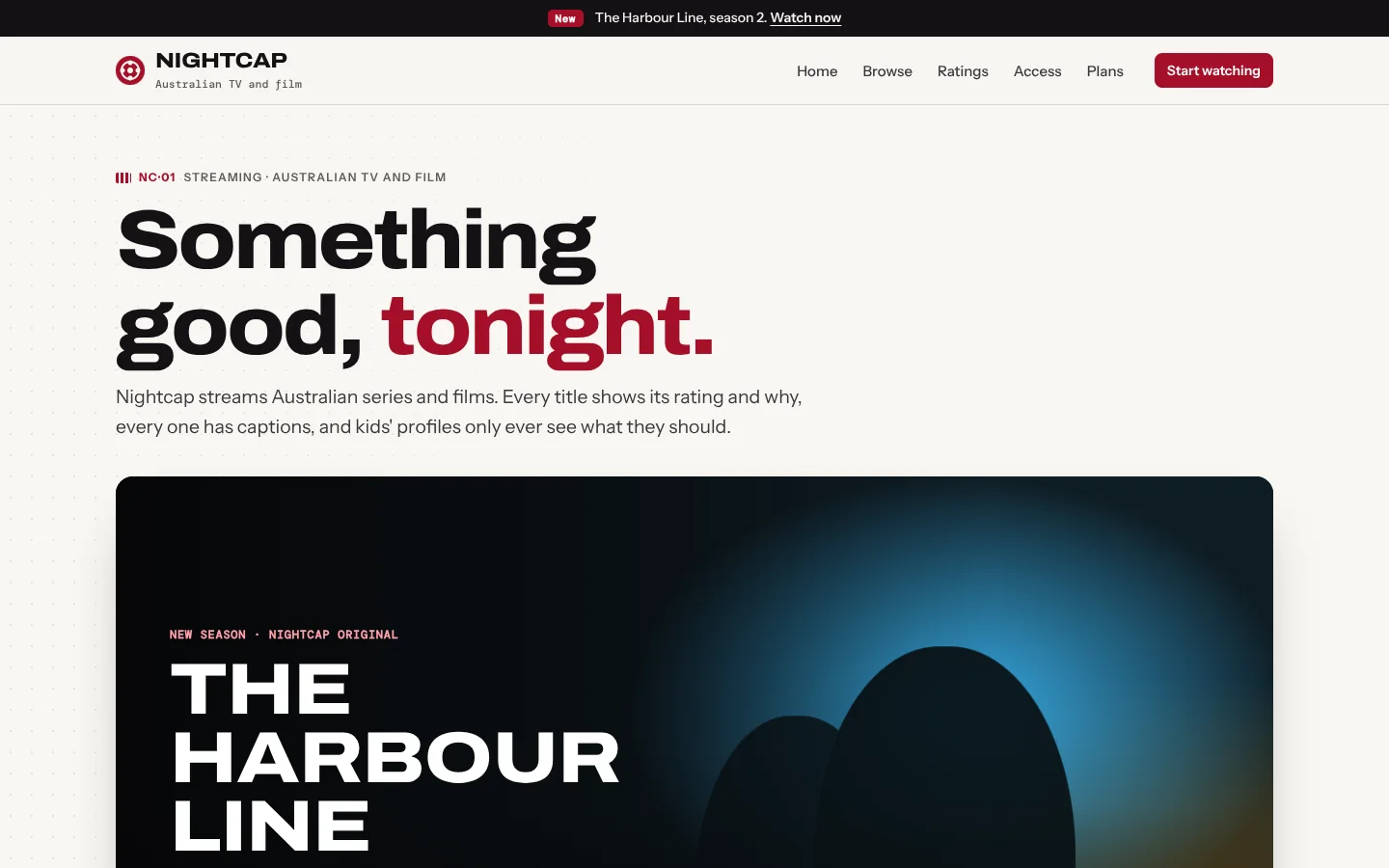 Reel template home page: a wide heavy headline 'Something good, tonight.' with the last word in crimson, above a dark billboard for a drawn crime series 'The Harbour Line' with a red MA15+ badge and the advice 'Strong violence and coarse language', CC and AD marks, and Play and More info buttons